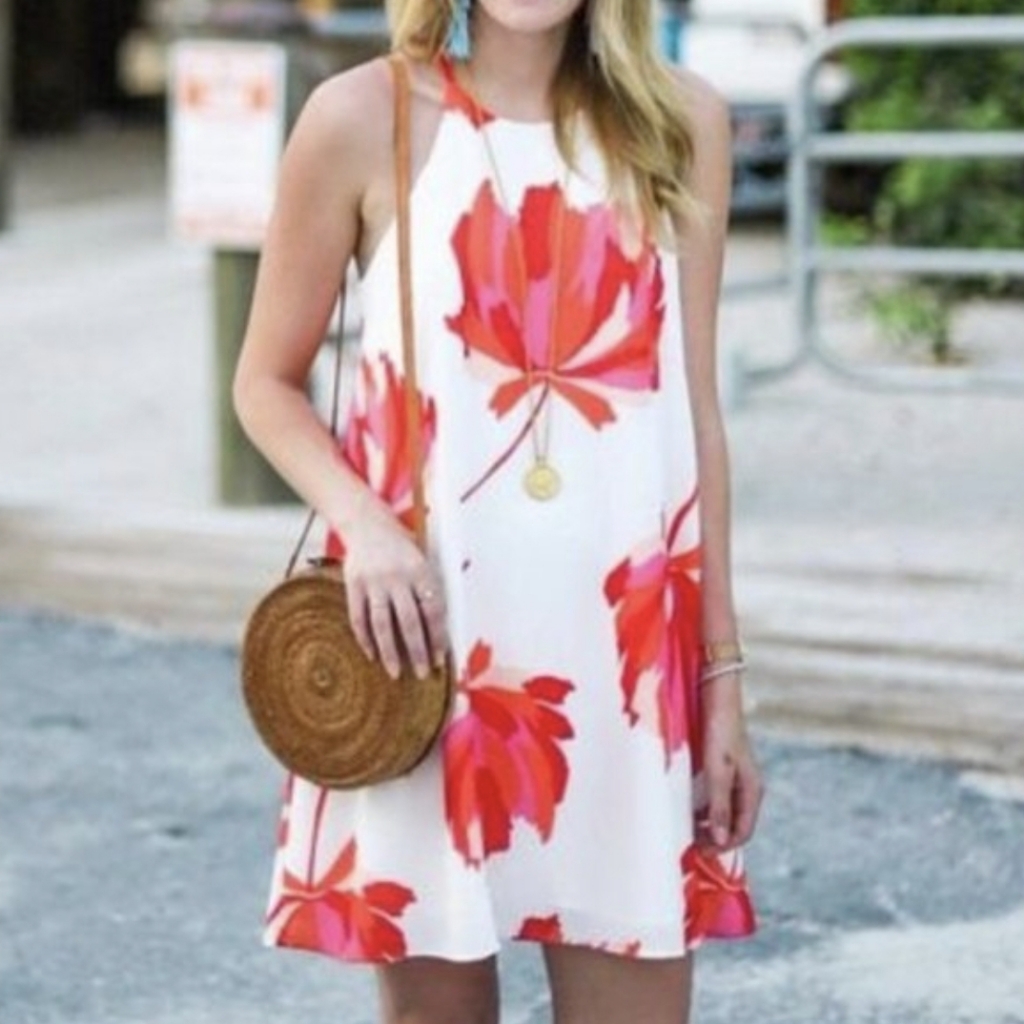 Crosby By Mollie Burch Medium, Mini Halter Dress, Poly Coral Pink Floral Euc